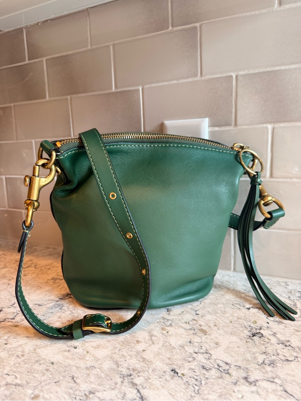 Coach Green Leather Bucket Bag with Gold Hardware COA